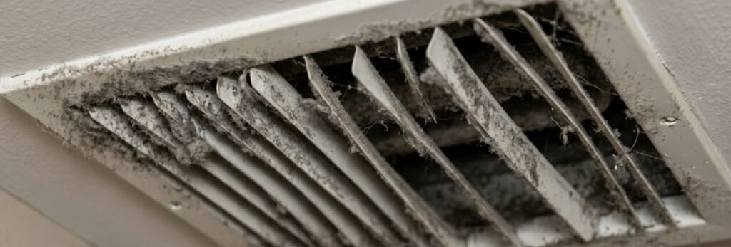 Close-up of a residential HVAC vent with visible dust buildup around the grille