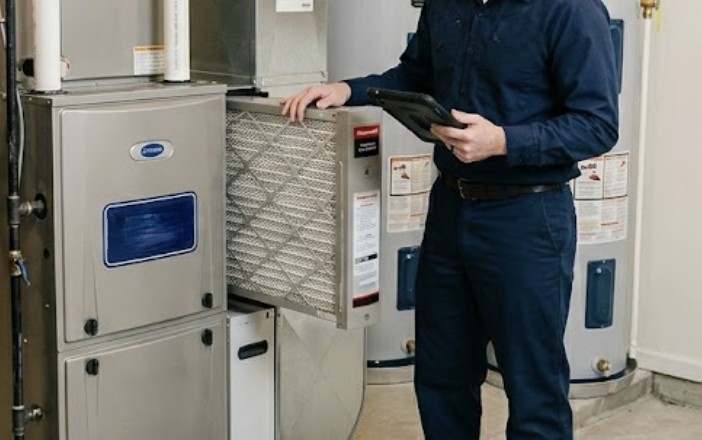 Professional HVAC technician from Hockers Home Services inspecting a residential furnace and air filtration system in a clean basement.