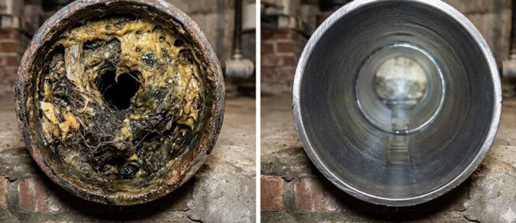 Split-scene comparison showing a clogged pipe filled with grease and debris next to a clean pipe after hydro-jetting