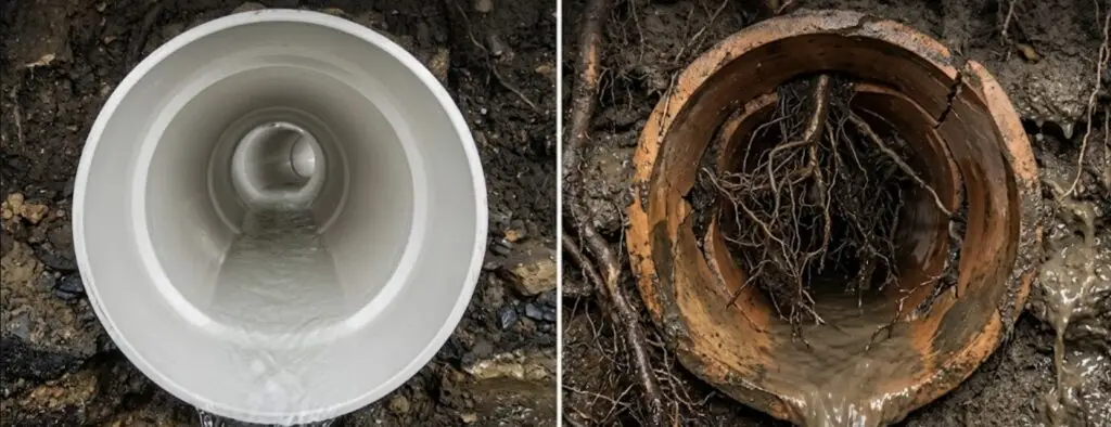 Split-screen image showing a clean, properly functioning sewer pipe on one side and a cracked pipe with root intrusion and groundwater infiltration on the other.